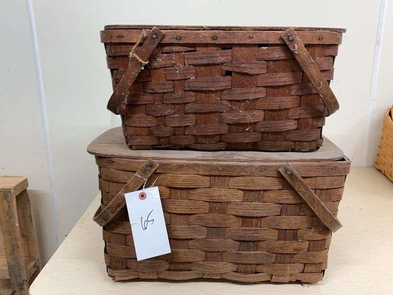 Two Peterborough Basket Co. Woven Baskets with Lids