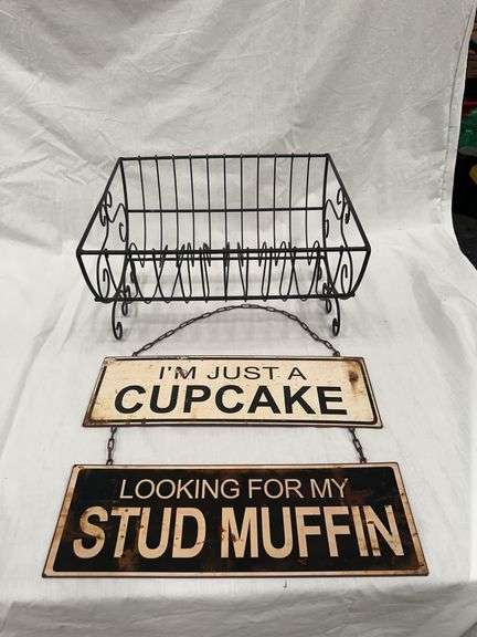 Metal Wire Basket and Humorous Kitchen Signs Lot image
