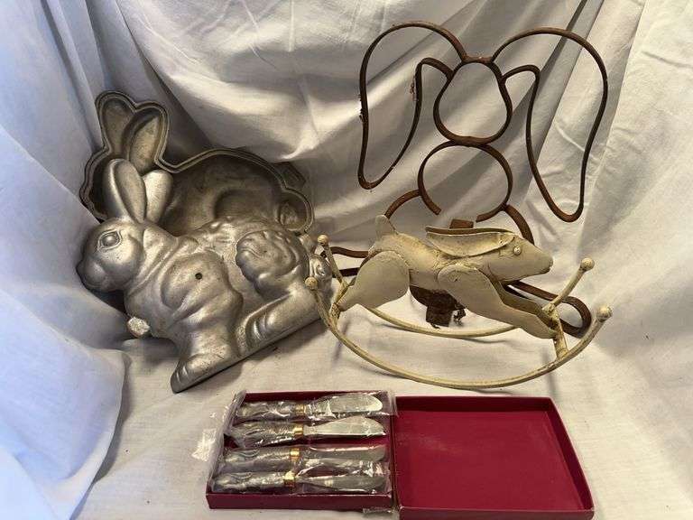 Rabbit Themed Decorative Grouping: Mold, Rocking Decor, Metal Art, and Knives image