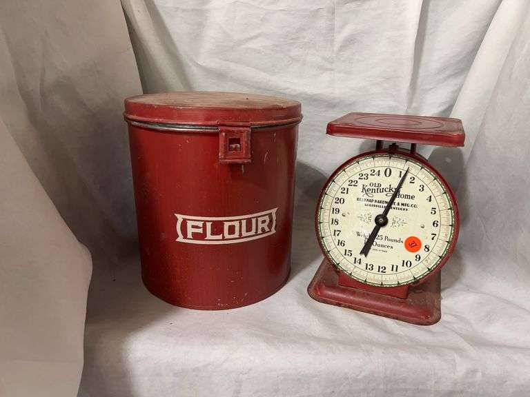 Red Flour Canister and Old Kentucky Home Kitchen Scale