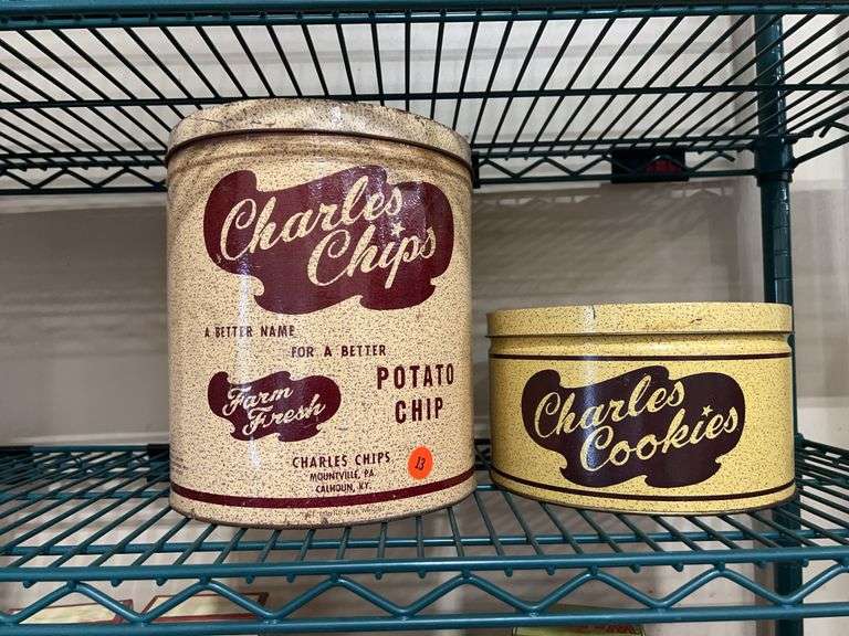 Two Vintage Charles Chips and Cookies Advertising Tins