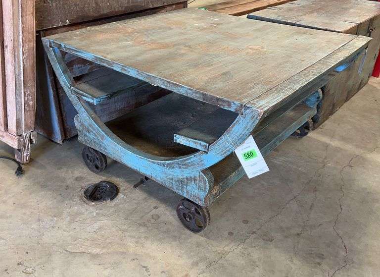 Distressed Blue Rolling Table with Shelves image
