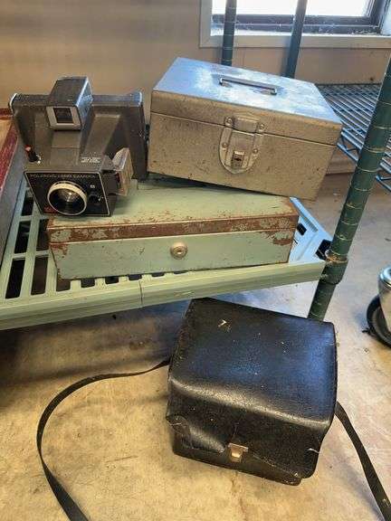 Vintage Polaroid Land Camera with Carrying Case and Metal Boxes image