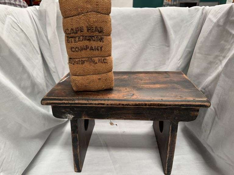 Small Wooden Foot Stool with Burlap Coffee Sack image