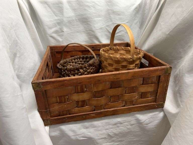 Hand Woven Wood Basket and Two Smaller Baskets