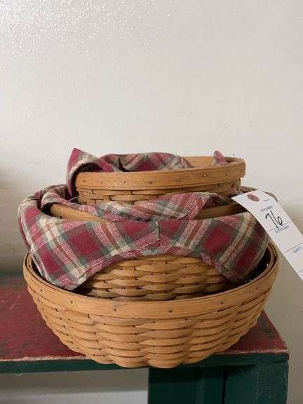 Set of Three Woven Baskets with Plaid Liners