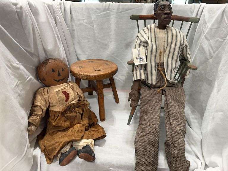 Folk Art Dolls with Small Wooden Chair and Stool image
