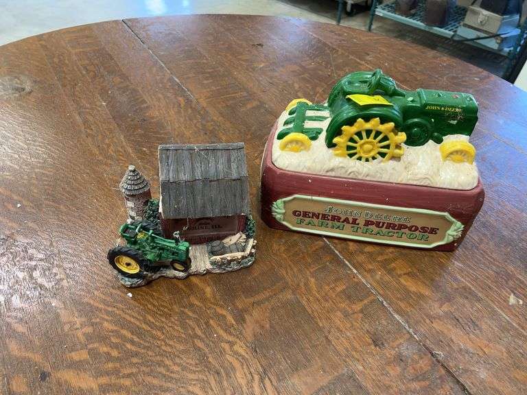 John Deere Farm Tractor Figural Trinket Box and Barn Planter