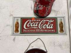 Coca-Cola Advertising Sign, Cap, and Mosaic Bottle