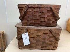 Two Peterborough Basket Co. Woven Baskets with Lids