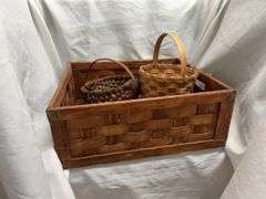Hand Woven Wood Basket and Two Smaller Baskets