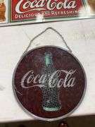 Coca-Cola Advertising Sign, Cap, and Mosaic Bottle