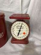 Red Flour Canister and Old Kentucky Home Kitchen Scale
