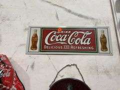 Coca-Cola Advertising Sign, Cap, and Mosaic Bottle