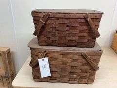 Two Peterborough Basket Co. Woven Baskets with Lids
