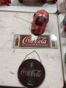 Coca-Cola Advertising Sign, Cap, and Mosaic Bottle