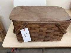 Two Peterborough Basket Co. Woven Baskets with Lids