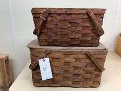 Two Peterborough Basket Co. Woven Baskets with Lids