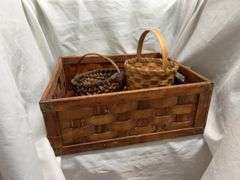 Hand Woven Wood Basket and Two Smaller Baskets