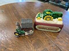 John Deere Farm Tractor Figural Trinket Box and Barn Planter