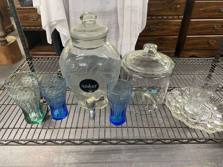 Glass Drink Dispenser, Jar and Coca-Cola Glasses Set image