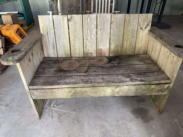 Rustic Wooden Outdoor Bench with Cup Holders image