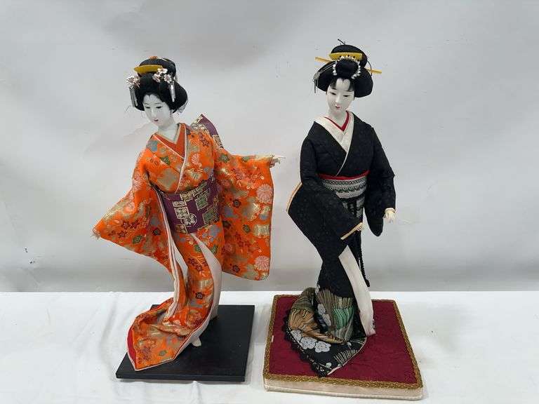 Two Japanese Geisha Dolls with Kimonos image