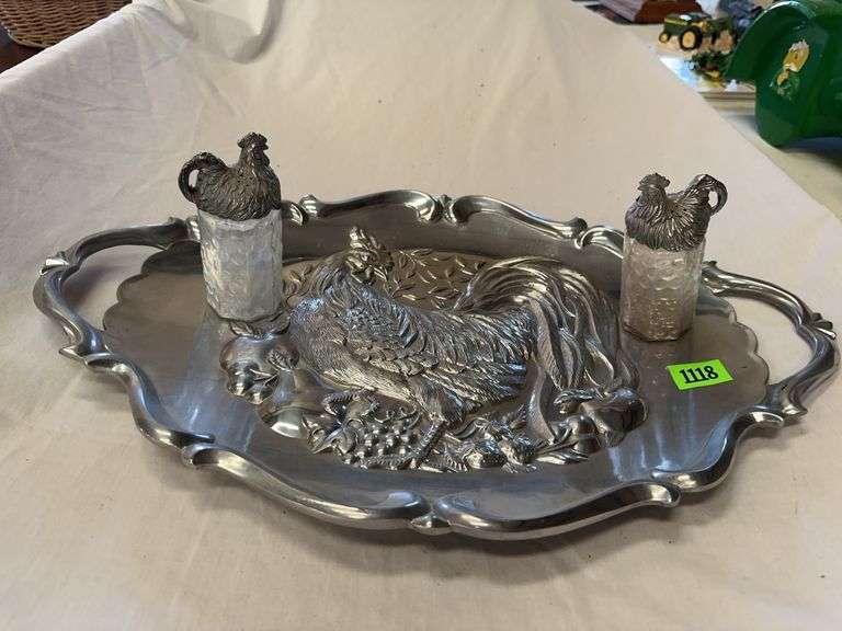 Pewter Rooster Tray with Salt & Pepper Shakers image