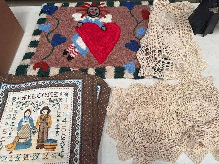 Raggedy Ann Rug, Counted Cross Stitch Welcome Hanging, and Crochet Doilies image