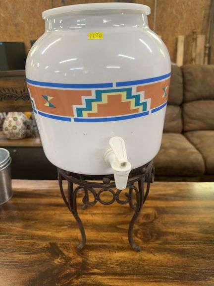 White Ceramic Beverage Dispenser with Metal Stand image