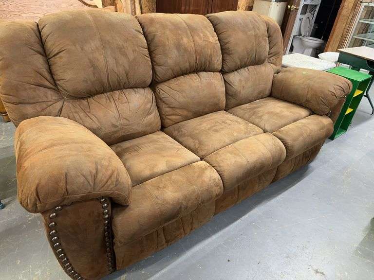 Brown Plush Three-Seat Reclining Sofa image