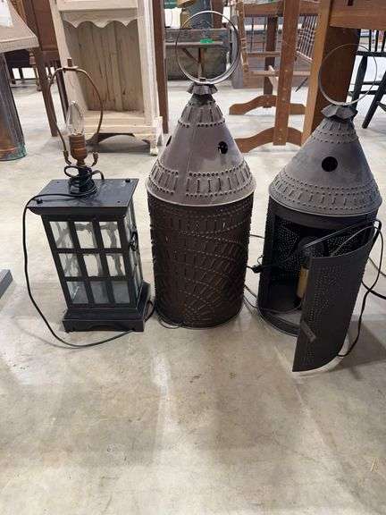 2 Punch Tin Lamps and Lantern Lamp image