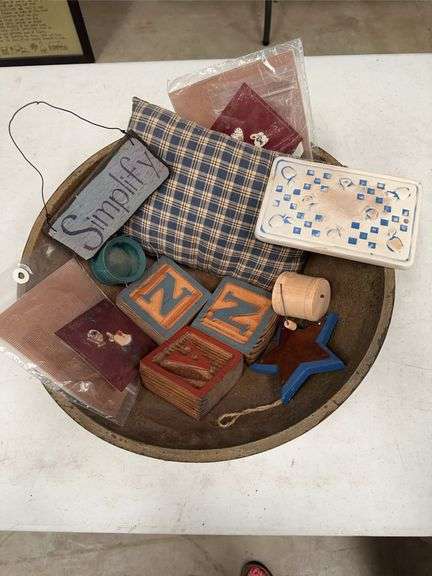 Decorative Wooden Bowl with Assorted Primitive Craft Items image