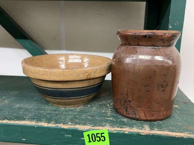 Stoneware Bowl with Blue Stripes and Brown Jar image