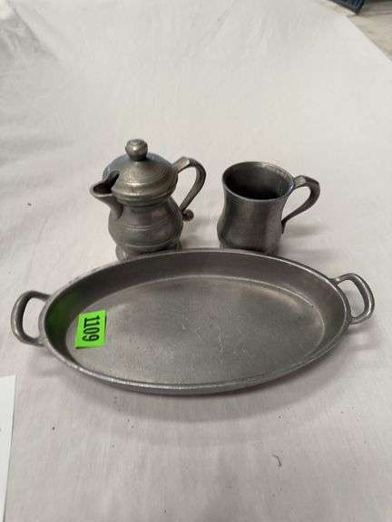 Pewter Creamer, Sugar, and Serving Dish Set image