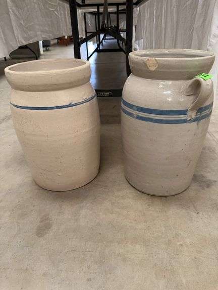Two Stoneware Crocks with Blue Stripes image