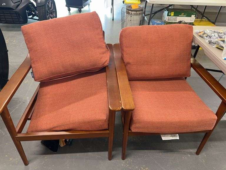 Pair of Wood Framed Lounge Chairs with Cushions image