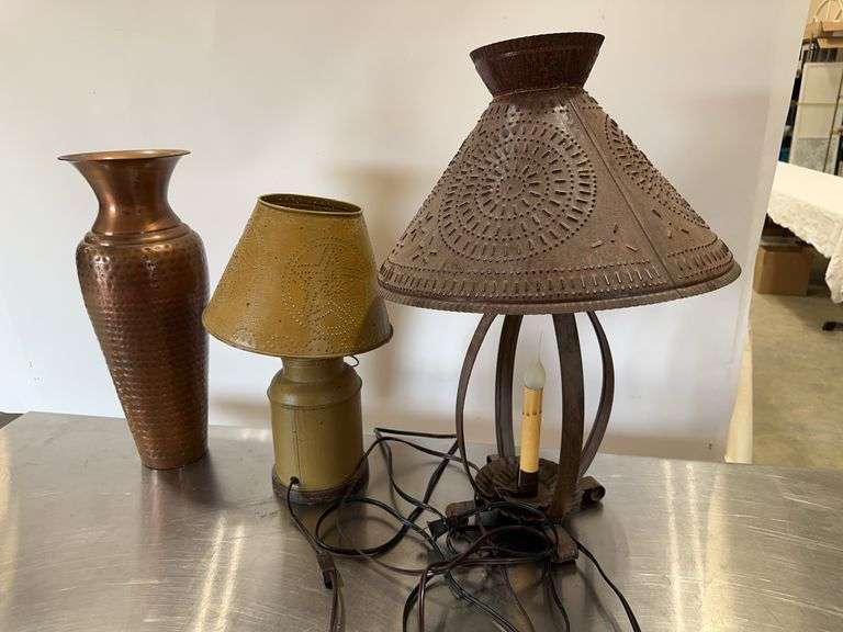 Hammered Copper Vase and Two Punched Tin Lamps image