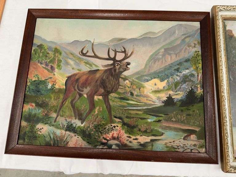 Pair of Framed Paintings - Ellen Collins Deer Scene & S.C. Ayres Waterfall image
