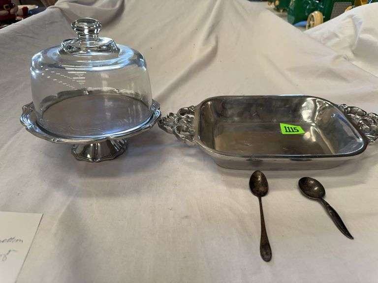 Pewter Butter or Cheese Dish, Small Serving Tray and Spoons image