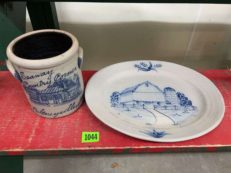 Rowe Pottery Works Stoneware Crock and Plate image