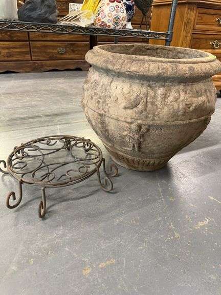 Pair of Metal Plant Stands and Large Planter image