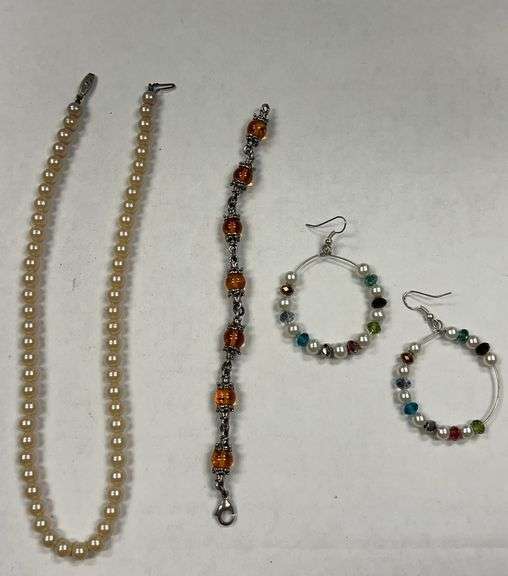 Group of Jewelry: Faux Pearl Necklace, Bracelet, and Hoop Earrings image