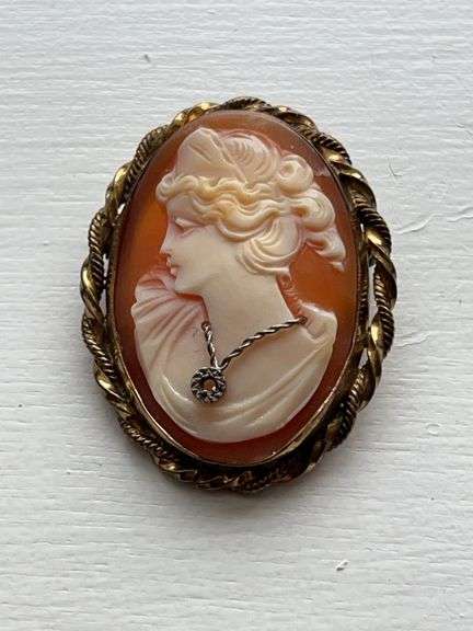 Vintage Gold Tone Hand Carved Shell Brooch image