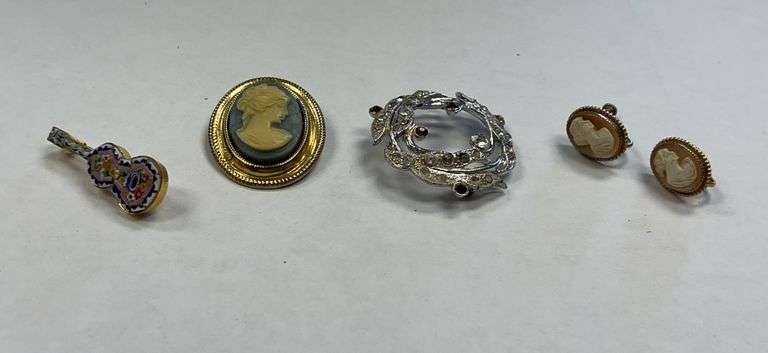 Lot of Costume Jewelry: Cameo Earrings, Brooches, and Guitar Pin image