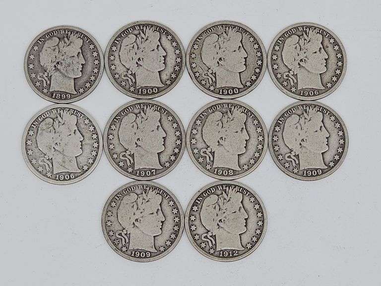 United States Silver $5 Ten Mixed Date Barber Half Dollars($5 Face)