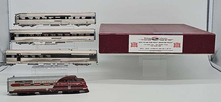 RAILWAY CLASSICS HO BRASS ROCK ISLAND 1938 ROCKY MOUNTAIN ROCKET RMR-6 DIESEL LOCOMOTIVE #606 AND 3-CAR SET image