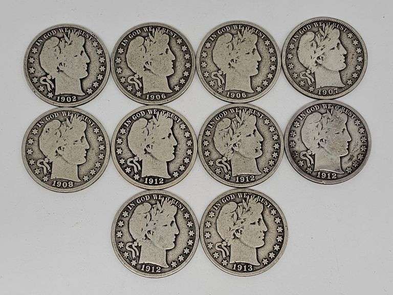 United States Silver $5 Ten Mixed Date Barber Half Dollars($5 Face)