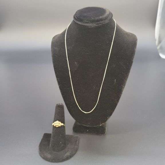 14k gold chain .38dwt, 10k yellow gold ring .57dwt image