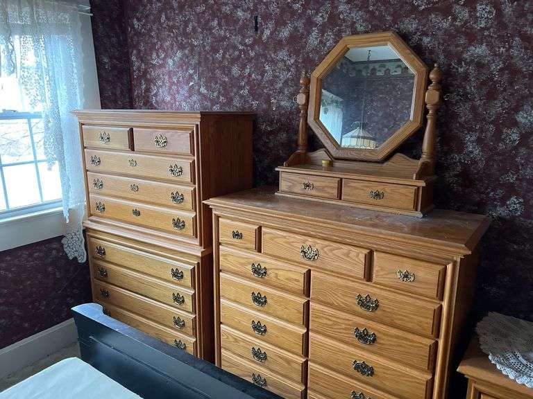 Oak bedroom suit chest on chest dresser with mirror armoire three nightstands image
